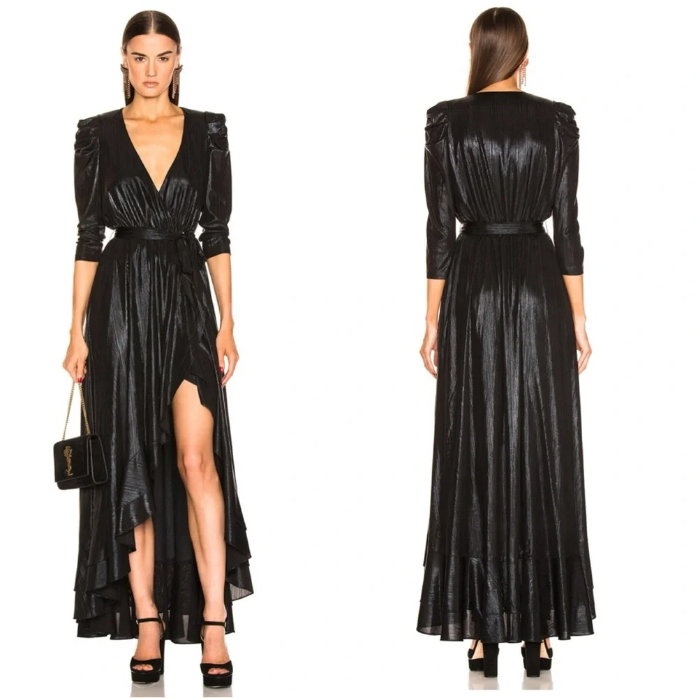 NWT Retrofete Flora Black Maxi Evening Dress Long Sleeve High Slit V-Neck XS - Picture 4 of 16